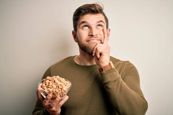 Young Blond Man Beard Blue Eyes Holding Bowl Healthy Salty — Stockfoto
