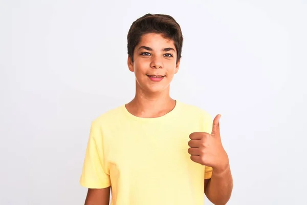 Menino Adolescente Bonito Sobre Fundo Isolado Branco Fazendo Polegares Felizes — Fotografia de Stock