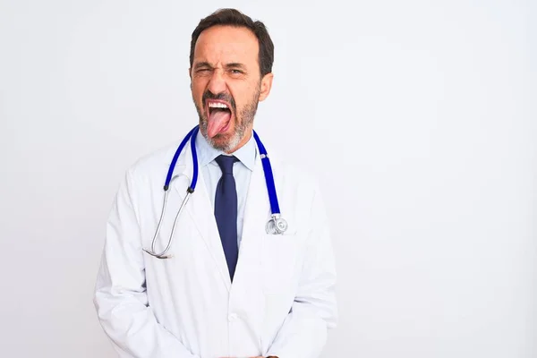 Middle Age Doctor Man Wearing Coat Stethoscope Standing Isolated White — Stock Photo, Image