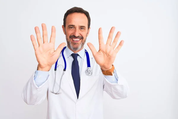 Middle Age Doctor Man Wearing Coat Stethoscope Standing Isolated White — 图库照片