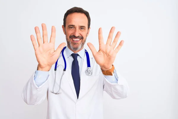 Middle Age Doctor Man Wearing Coat Stethoscope Standing Isolated White — 스톡 사진