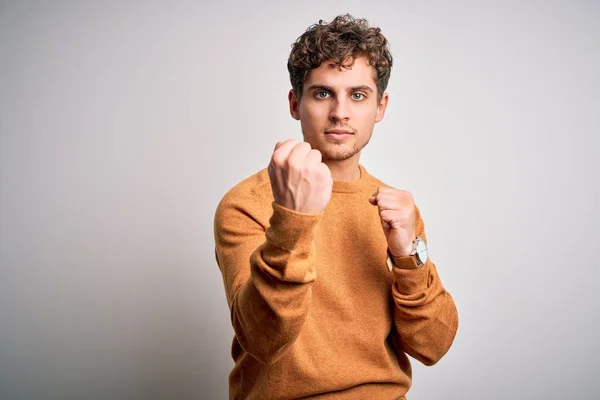 Young Blond Handsome Man Curly Hair Wearing Casual Sweater White — Stockfoto