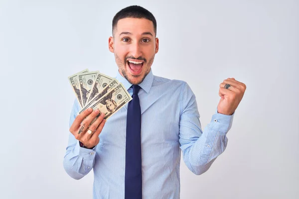 Young Handsome Business Man Holding Bunch Bank Notes Dollars Isolated — Stok fotoğraf
