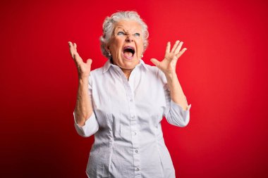 Senior beautiful woman wearing elegant shirt standing over isolated red background celebrating mad and crazy for success with arms raised and closed eyes screaming excited. Winner concept