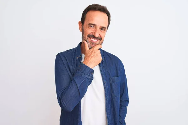 Middle Age Handsome Man Wearing Blue Denim Shirt Standing Isolated — Stock Photo, Image