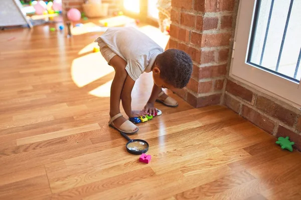 Beautiful African American Toddler Playing Cars Lots Toys Kindergarten — Stock Photo, Image