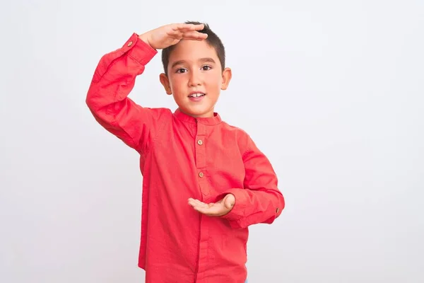 美しい子供の男の子は 大小のサインを示す手で孤立した白い背景ジェスチャーの上に立ってエレガントな赤いシャツを着て シンボルを測定します カメラを見て微笑んだ 概念の測定 — ストック写真