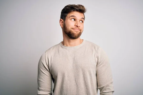 Young Handsome Blond Man Beard Blue Eyes Wearing Casual Sweater — Stockfoto