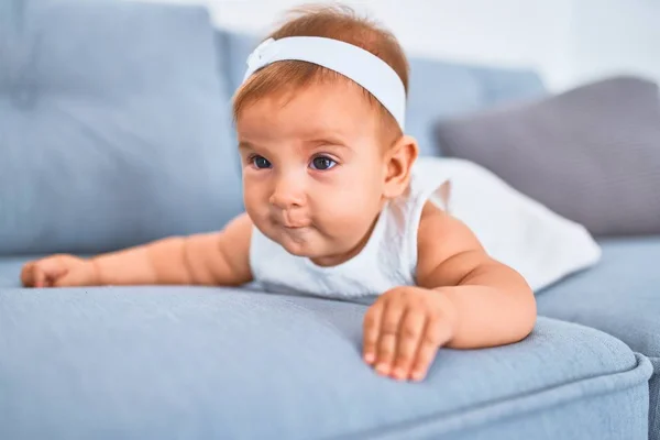 Adorable Baby Lying Sofa Home Newborn Relaxing Resting Comfortable — Stock Photo, Image