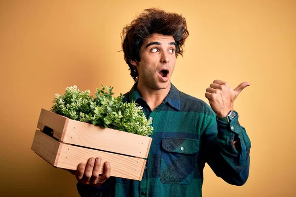 Młody Przystojny Mężczyzna Trzyma Pudełko Roślinami Ogrodowymi Odizolowanym Żółtym Tle — Zdjęcie stockowe