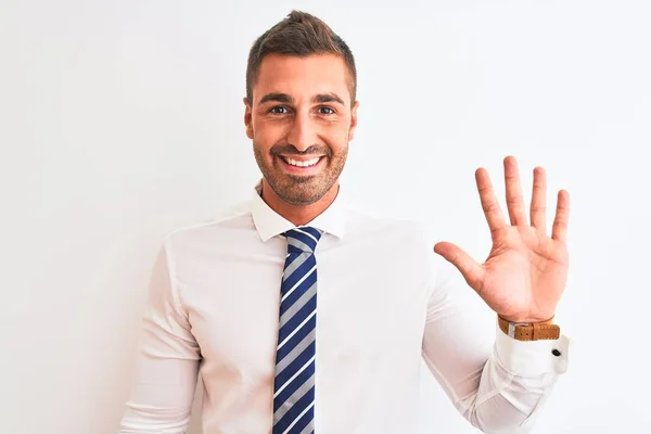 Joven Hombre Negocios Elegante Guapo Sobre Fondo Aislado Mostrando Apuntando — Foto de Stock