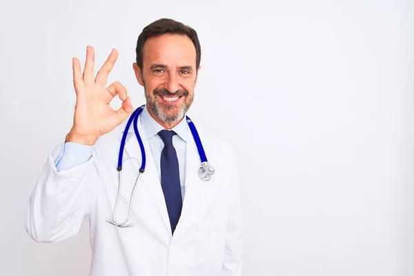 Middle Age Doctor Man Wearing Coat Stethoscope Standing Isolated White — Stock Photo, Image