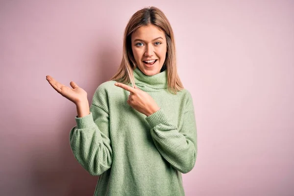 Jonge Mooie Blonde Vrouw Dragen Winterwol Trui Roze Geïsoleerde Achtergrond — Stockfoto