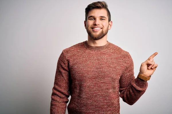 Young Blond Man Beard Blue Eyes Wearing Casual Sweater White — Stock Photo, Image