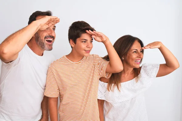 Family Three Mother Father Son Standing White Isolated Background Very — Stock Photo, Image