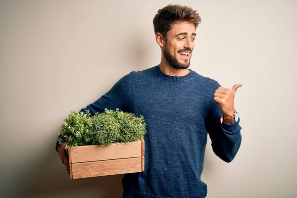 年轻的园丁 留着胡子的盒子 上面种满了植物 站在白色的背景上 用大拇指指向旁边 笑容满面 — 图库照片