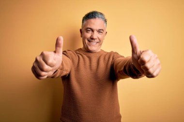 Orta yaşlı, yakışıklı, gri saçlı, sarı arka planda rahat süveter giyen, el hareketini onaylayan, gülümseyen ve başarı için mutlu bir adam. Kazanan jest.