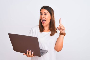 Bilgisayarla çalışan genç ve güzel bir kadın beyaz arka plan üzerinden başarılı bir fikri işaret ediyor. Heyecanlı ve mutlu. Bir numara..