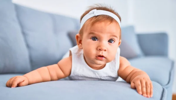 Adorable Baby Lying Sofa Home Newborn Relaxing Resting Comfortable — Stock Photo, Image