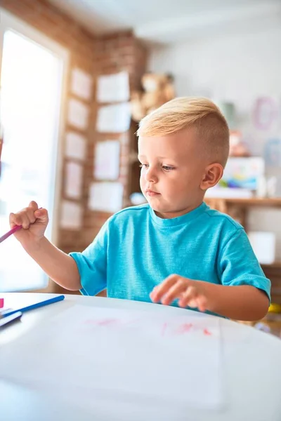 Young Caucasian Kid Playing Kindergarten Drawing Color Pencils Preschooler Boy — Stock Photo, Image