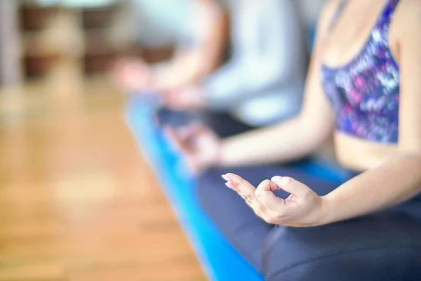 Young Beautiful Group Sportswomen Practicing Yoga Doing Lotus Pose Gym — 图库照片