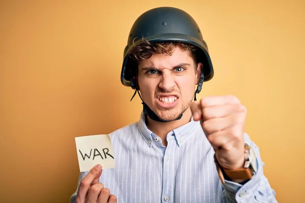 Young Blond Businessman Curly Hair Wearing Helmet Holding Paper War — Stock Photo, Image