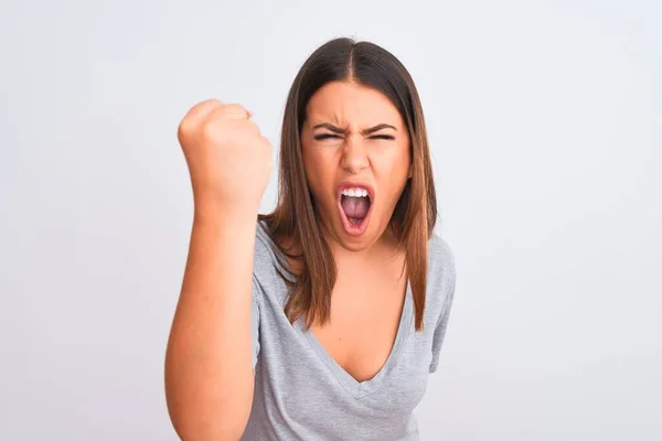 Portrait Beautiful Young Woman Standing Isolated White Background Angry Mad — Stock Photo, Image