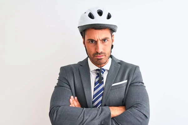 Jovem Homem Negócios Bonito Vestindo Terno Gravata Capacete Bicicleta Sobre — Fotografia de Stock