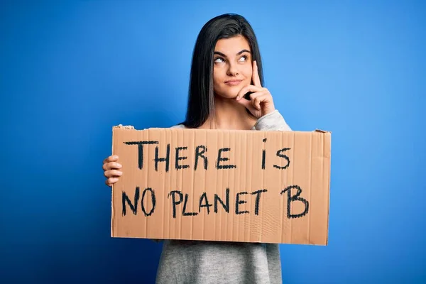 Young Beautiful Brunette Activist Woman Holding Banner Protesting Care Planet — Stok fotoğraf