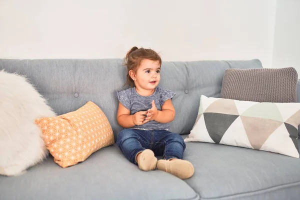 Beautiful Toddler Sitting Sofa Smiling Kindergarten — Stockfoto