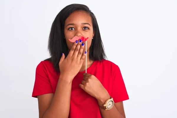 Young african american woman wearing vintage pretend mustache over isolated background cover mouth with hand shocked with shame for mistake, expression of fear, scared in silence, secret concept