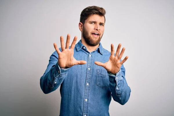 Young Handsome Blond Man Beard Blue Eyes Wearing Casual Denim — Stock Photo, Image