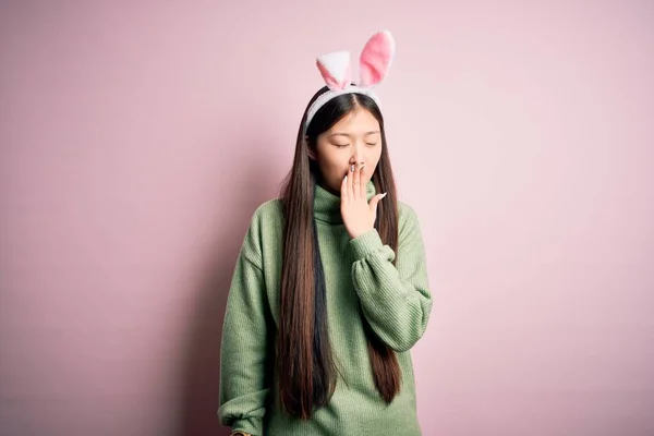 Young Asian Woman Wearing Cute Easter Bunny Ears Pink Background — Stok fotoğraf