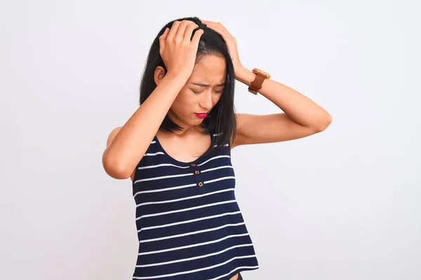 Young Chinese Woman Wearing Striped Shirt Standing Isolated White Background — Stock Photo, Image