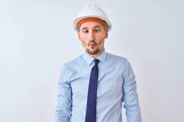 Young Business Man Wearing Contractor Safety Helmet Isolated Background Making — 图库照片
