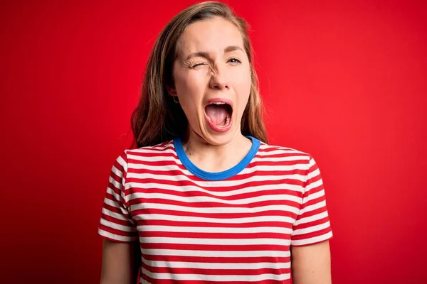 Young Beautiful Blonde Woman Wearing Casual Striped Shirt Isolated Red — Stock Photo, Image