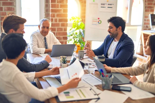 Group Business Workers Working Together Sitting Desk Using Laptop Talking — Stok fotoğraf