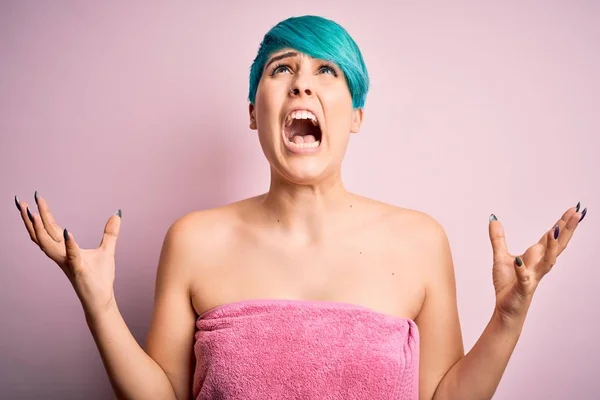 Young Woman Blue Fashion Hair Wearing Towel Shower Pink Background — Stockfoto