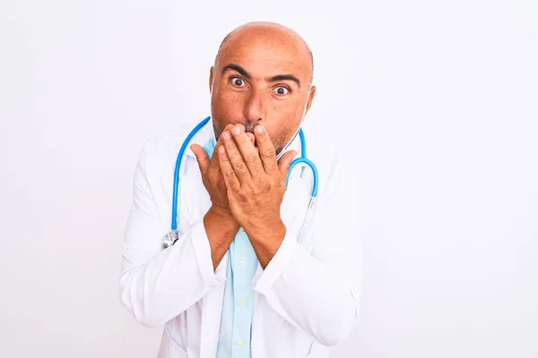 Middle Age Doctor Man Wearing Stethoscope Mask Isolated White Background — 스톡 사진