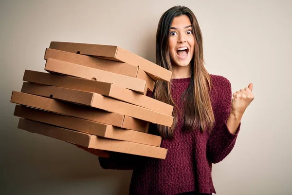 Young Beautiful Girl Holding Delivery Italian Pizza Boxes Standing White — Stockfoto