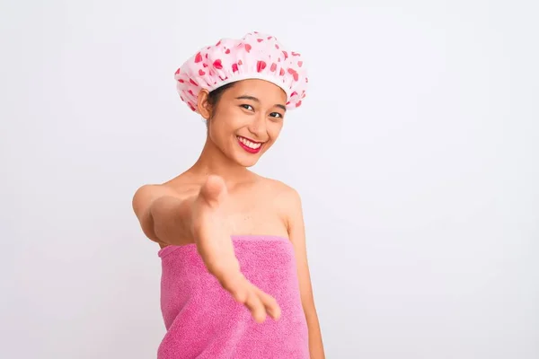 Young Chinese Woman Wearing Shower Towel Cap Bath Isolated White — Stockfoto