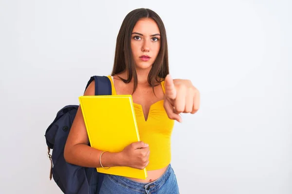 Menina Estudante Bonita Usando Mochila Segurando Notebook Sobre Fundo Branco — Fotografia de Stock