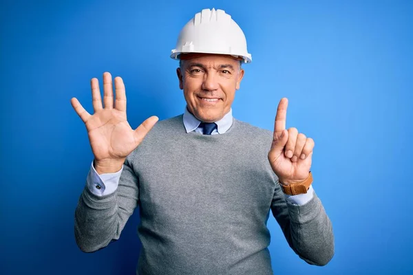 Middle Age Handsome Grey Haired Engineer Man Wearing Safety Helmet — Stockfoto