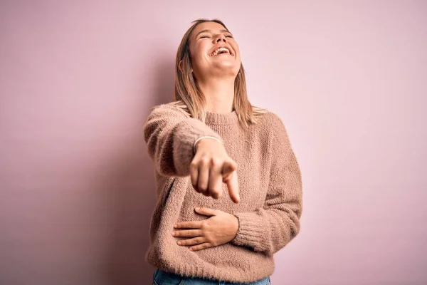 Young Beautiful Blonde Woman Wearing Winter Wool Sweater Pink Isolated — Stock Photo, Image