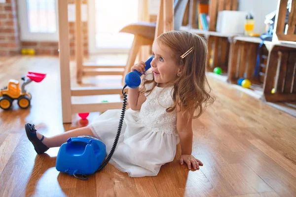 Adorable Blonde Toddler Playing Vintage Phone Sitting Floor Lots Toys — Stock Photo, Image