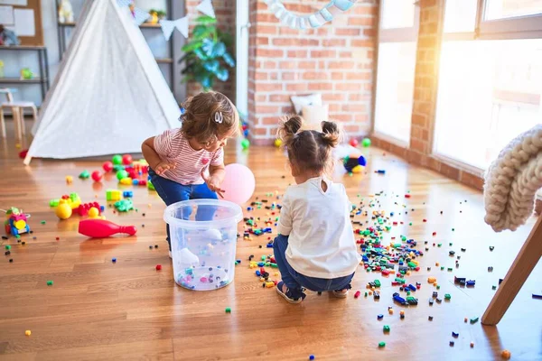 Adorable Toddlers Playing Building Blocks Toy Kindergarten — Stock Photo, Image