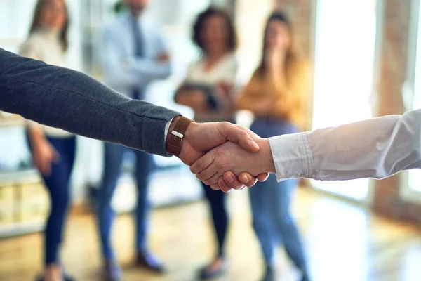 Group Business Workers Standing Together Shaking Hands Office — 스톡 사진