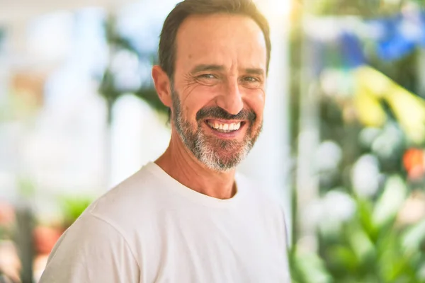 Middle Age Handsome Man Wearing Casual Shirt Standing Terrace Smiling — ストック写真