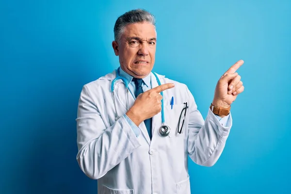 Middle Age Handsome Grey Haired Doctor Man Wearing Coat Blue — Stok fotoğraf