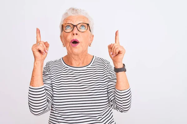 Senior Grey Haired Woman Wearing Striped Navy Shirt Glasses Isolated — ストック写真